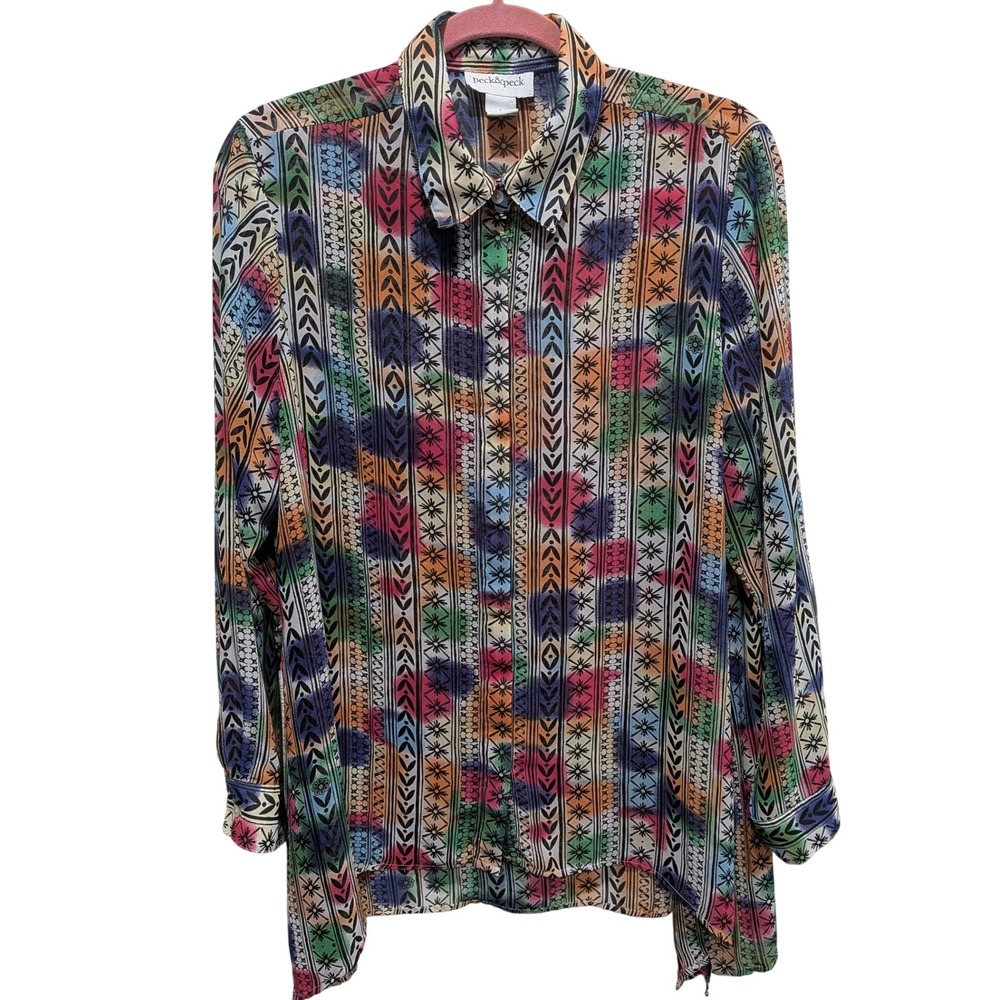Women Sheer Button Down Blouse L Multicolor Boho Art Teacher Festival Top